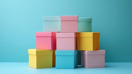 Colorful box pyramid display on neutral surface, creative packaging concept for retail, branding, or promotional themes