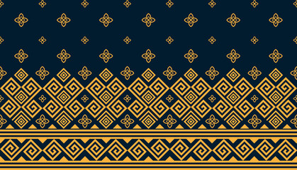 Golden yellow seamless ethnic fabric pattern on dark blue background. Wallpaper, wrapping cloth,...