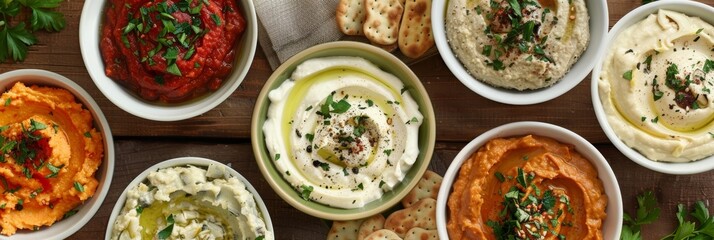 A spread of different types of vegan dips including a tangy artichoke dip luscious cashew cheese spread and savory mushroom p t .