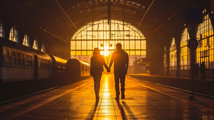 Silhouette of Couple Holding Hands Walking at Sunset in Old Train Station 