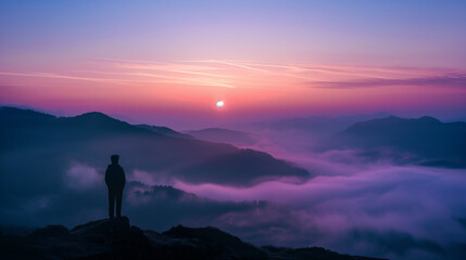 Silhouette of Person Contemplating Sunrise Over Misty Mountains -