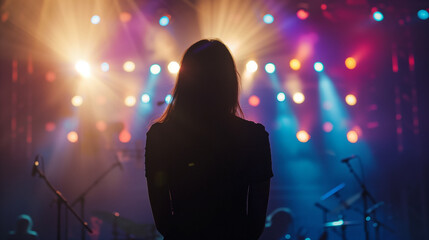 Silhouette of Woman at a Concert with Bright Stage Lights c