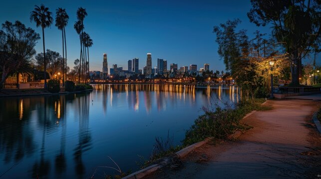 Downtown Los Angeles skyline viewed from Echo Park during blue hour. The scene features city lights, palm trees, and a tranquil lake.