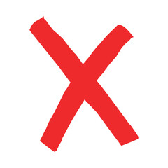 red cross mark icon on white background. Bold red hand-drawn cross mark icon.