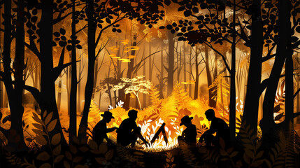 Silhouetted Figures Around Campfire in Golden Autumn Forest 