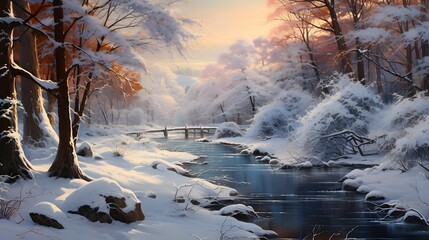 Stunning winter forest scene with a river, snow, and a bridge.