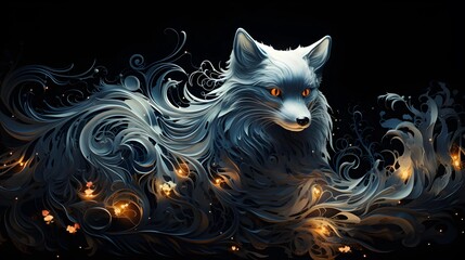 An elegant arctic fox artwork, featuring swirling designs with a magical glow.