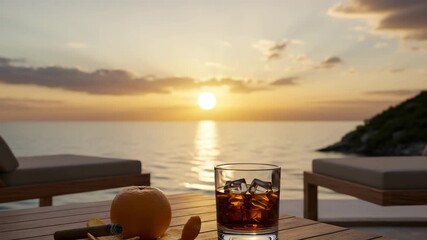 Glass of dark rum with orange and cigar on tropical terrace at sunset, luxury relaxation scene for World Rum Day