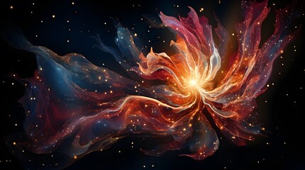 A stunning and vibrant depiction of a cosmic flower blooming in a dark, starry expanse.