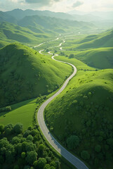 Aerial View of a Winding Road Through a Green Field
