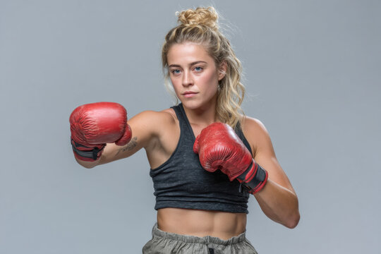 Female boxer wearing red gloves athletic build focused expression gray background sportswear training strength determination fitness - Powered by Adobe