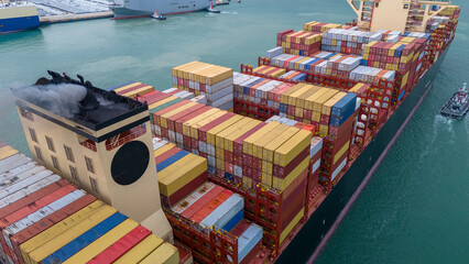 Smoke exhaust gas emissions carbon dioxide from cargo lagre ship container ship,Marine diesel...