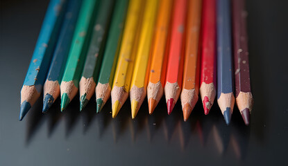 Colored Pencils Arranged by Softness on Dark Background top view
