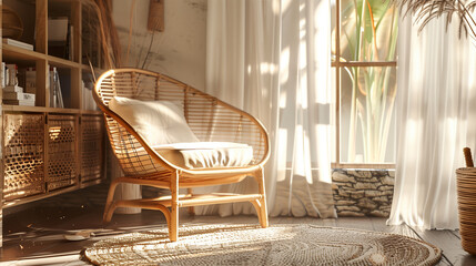 Soft Neutral-Toned Living Space with Rattan Chair and Sunlight