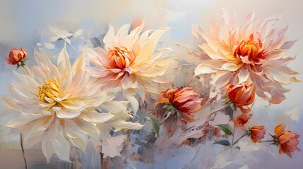 Beautiful dahlia flowers bloom with soft pastel colors in an artistic painting.