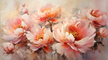 Exquisite oil painting of vibrant pink and orange peony flowers in full bloom