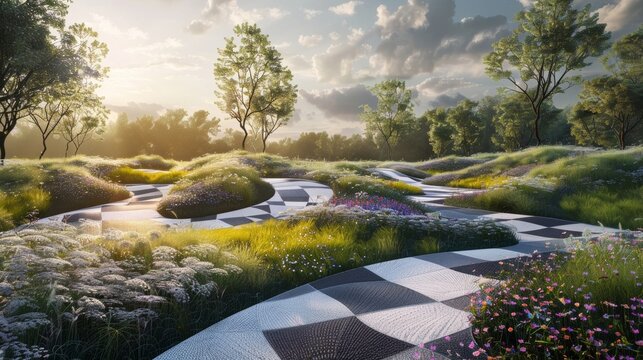 A patchwork of geometric shapes and patterns form a captivating meadow inviting the viewer into a world of imagination.