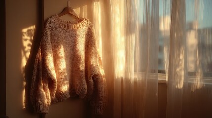 Obraz premium Cozy textured sweater draped in warm sunlight near sheer curtains