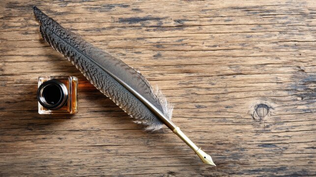 Vintage quill pen with patterned feather and golden nib resting diagonally on rustic wooden surface beside small square glass inkwell filled with dark ink.