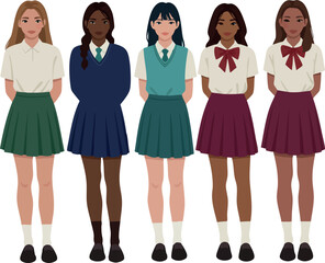 Obraz premium Group of five diverse teenage girls in school uniforms standing in a row vector illustration