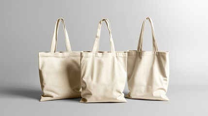 
Three Beige Cotton Tote Bags Mockup on Light Gray Background 
