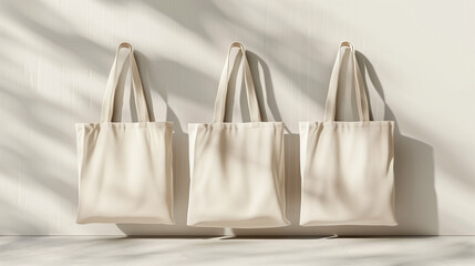 
Three Beige Cotton Tote Bags Mockup on Light Gray Background 