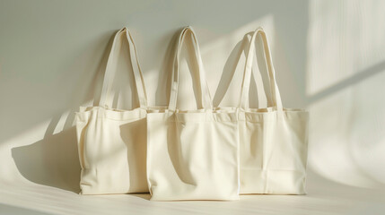 
Three Beige Cotton Tote Bags Mockup on Light Gray Background 