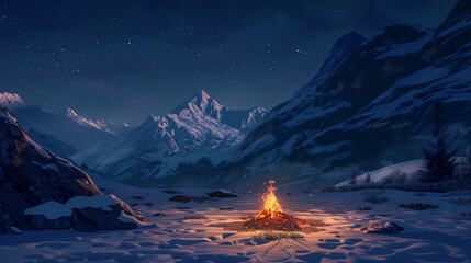 Tiny Campfire in a Snowy Mountain Basin at Night -