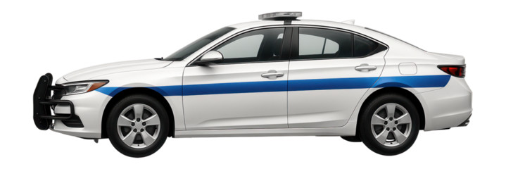 White sedan police car with blue stripes and a front push bumper