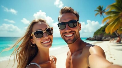 Smiling Couple Taking Selfie on Tropical Beach During Summer Bank Holiday