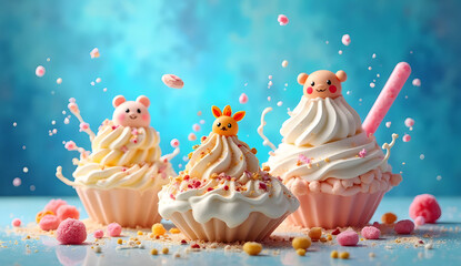 Creative Ice Cream Desserts with Swirls of Whipped Cream and Animal Toppings in Splashes of Blue
