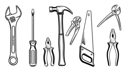 Essential Hand Tools Detailed Line Art for DIY and Construction Projects