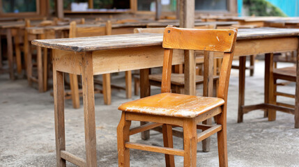 Old wooden chair and table in empty outdoor classroom, rustic furniture, nostalgic atmosphere, natural light, vintage style