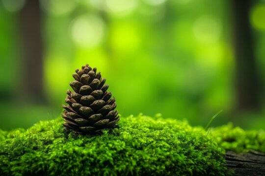 A close-up image of a stone covered in green moss set against a blurred forest backdrop, providing natural background with space to incorporate your design elements