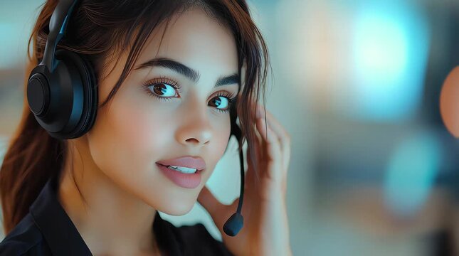 4K video of a female call center agent on a head set talking to a cilent in a modern call center