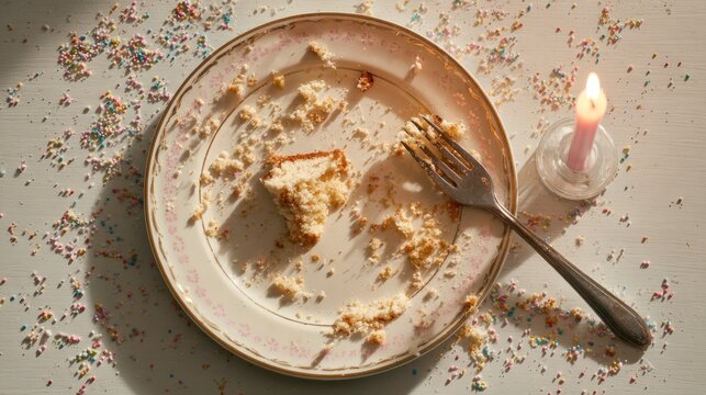 Empty plate with cake crumbs and sprinkles