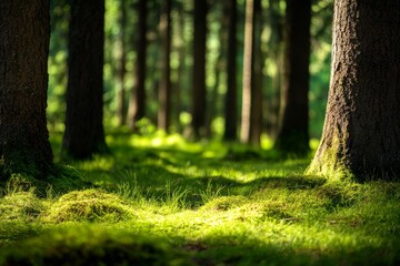 The scene features a background of pine forest with lush green grass and blueberry hues, while the foreground is in focus and the background is blurred