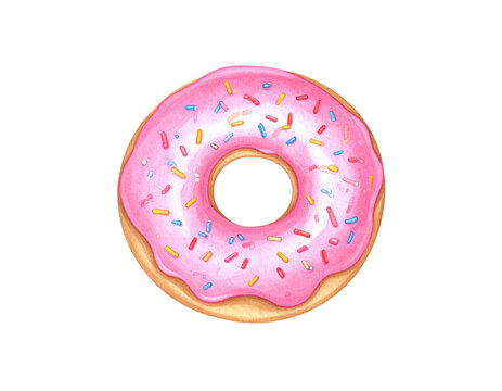 Pink donut with sprinkles watercolor illustration