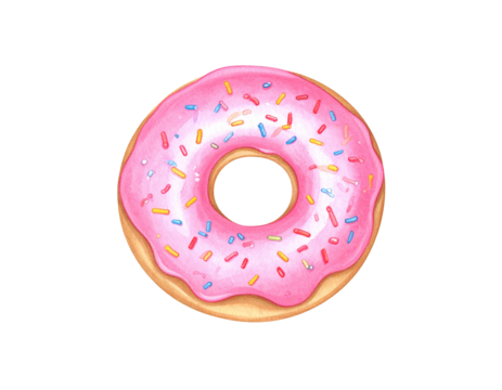 Pink donut with sprinkles watercolor illustration