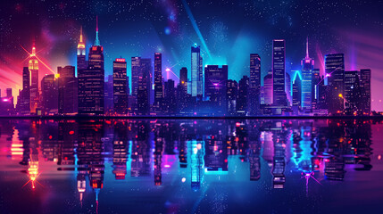Vibrant Neon City Skyline at Night with Water Reflection