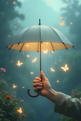 Hand Holding an Umbrella with Glowing Butterflies Falling
