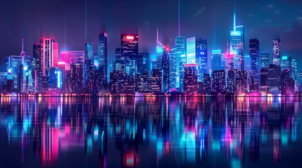 Vibrant Neon City Skyline at Night with Water Reflection