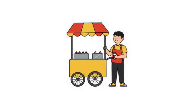 Happy Cartoon Vendor with Food Cart Illustration - Powered by Adobe