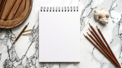 White Sketchbook with Brown Pencils on Marble Desk 
