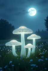 Glowing Crystal Mushrooms in a Moonlit Field
