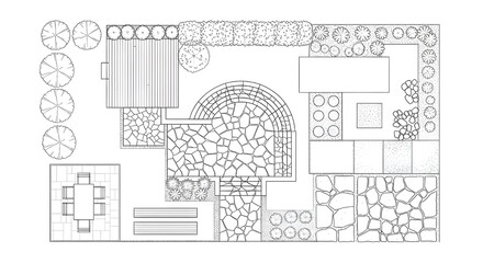 Garden plan blueprint with patio, plants and seating