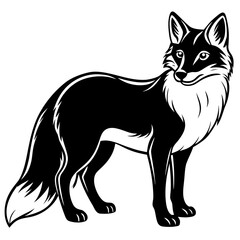 Obraz premium A black and white stylized fox standing alert with a bushy tail silhouette