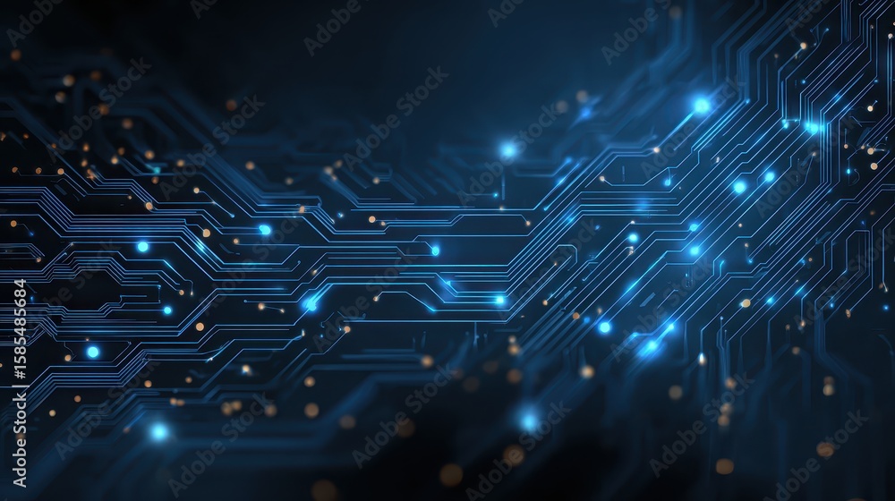 Fototapete Blue circuit board with glowing traces and points. Ideal for technology, data, or computer graphics project.