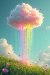 Colorful Cloud Dripping Rainbow Glitter onto Green Background
