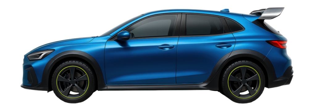 Compact sports hatchback with bold fender flares and rooftop spoiler